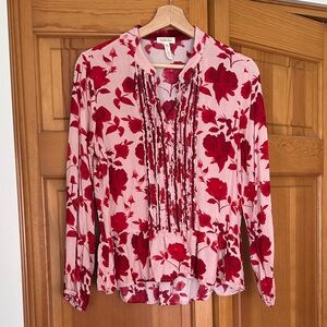 Floral Ruffle Pintuck Blouse - Pink with Red Floral